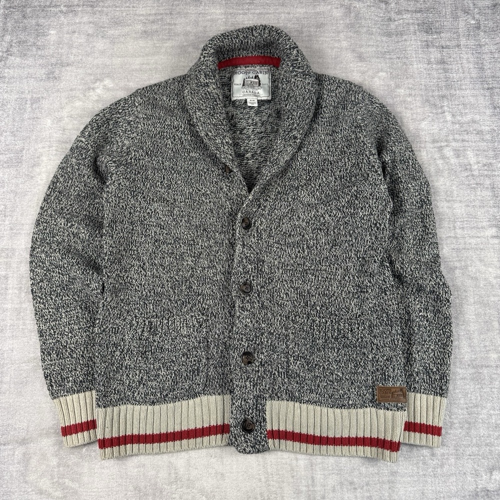 Roots Men's Shawl Collar Cardigan Sweater in Marled Gray with Cream & Red Trim